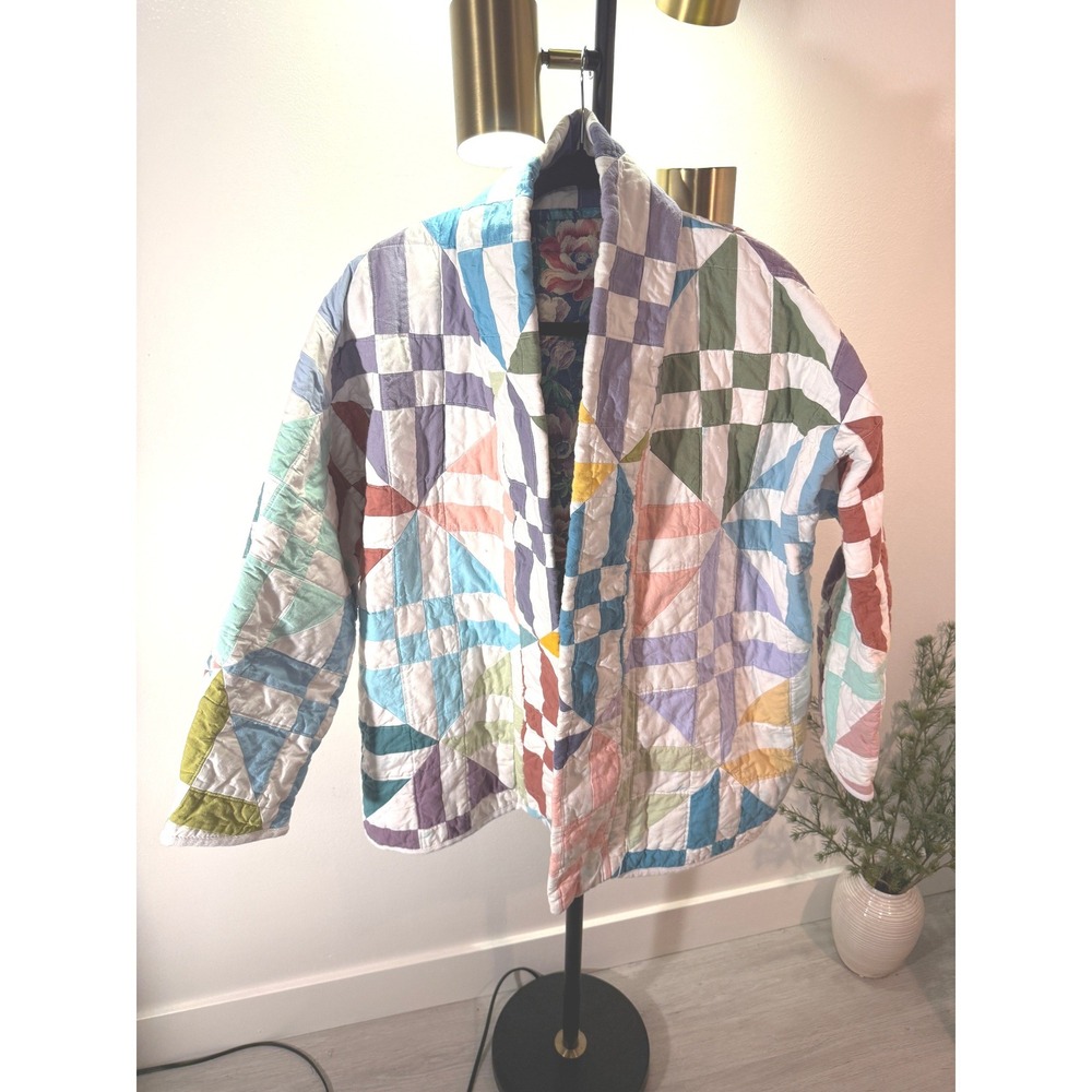 Handmade quilt jacket fun colors contrast lining O/S XL oversized boxy unique